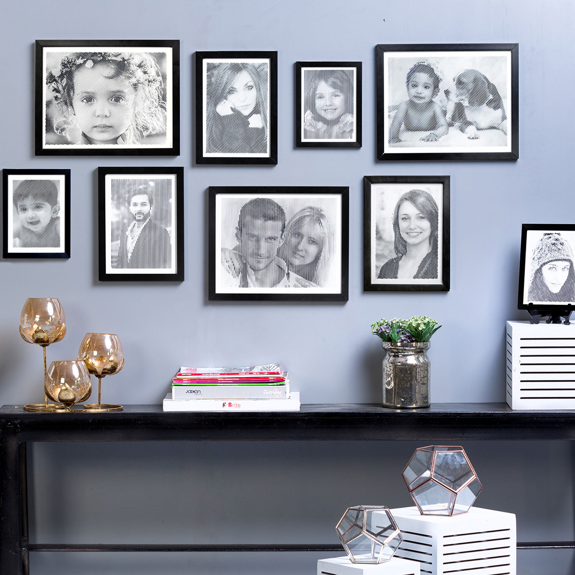 Black & White portrait with vertical line engraving