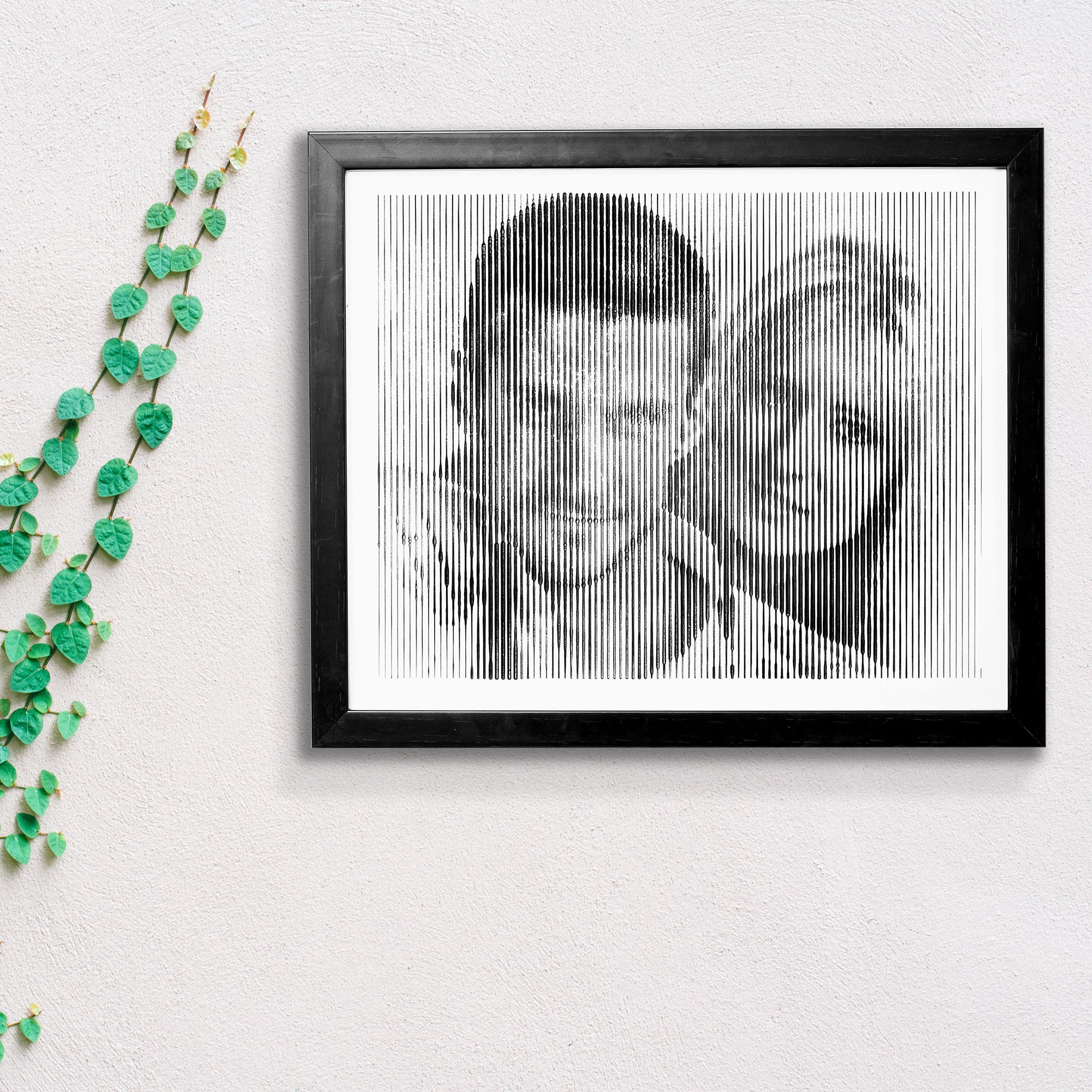 Black & White portrait with vertical line engraving
