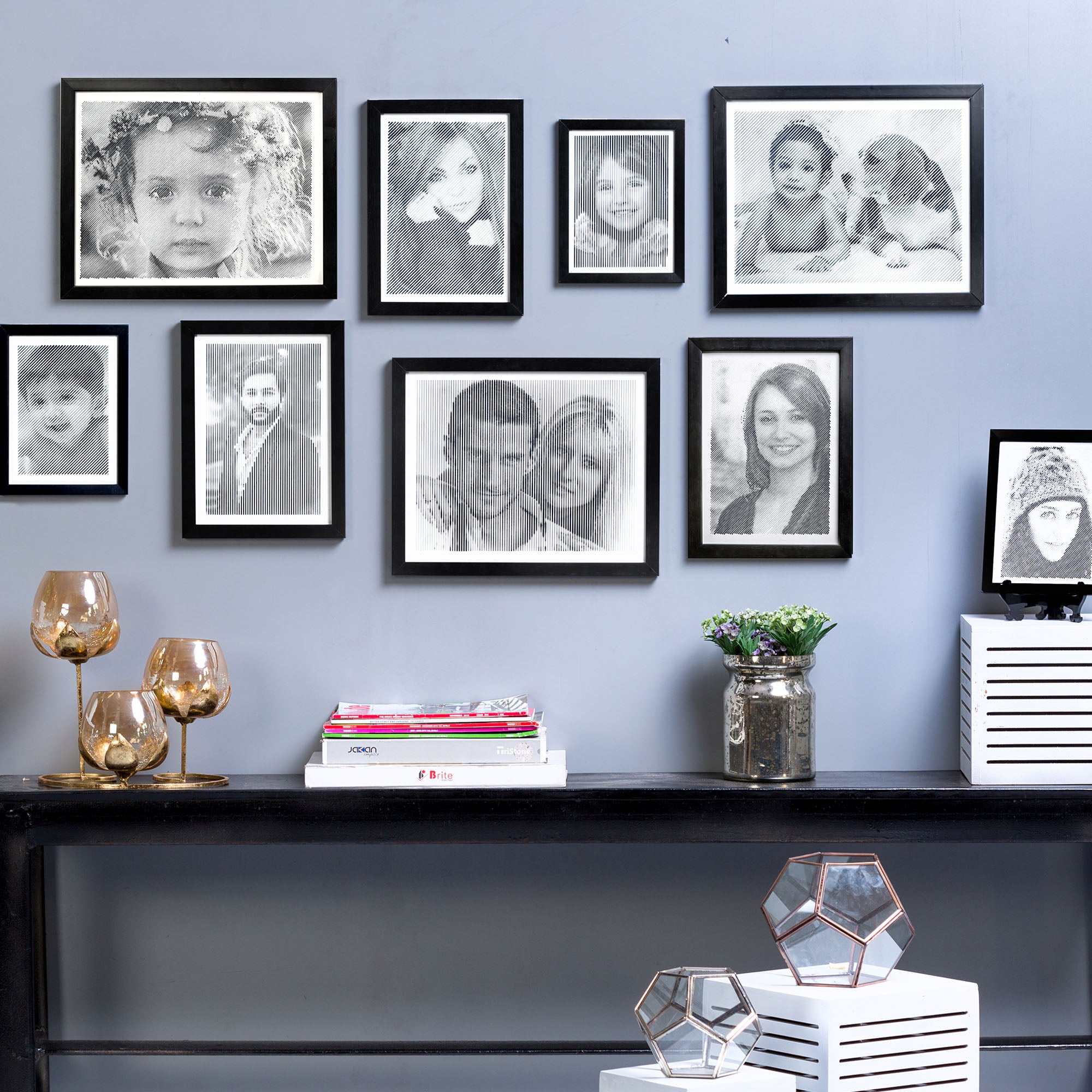 Black & White portrait with vertical line engraving