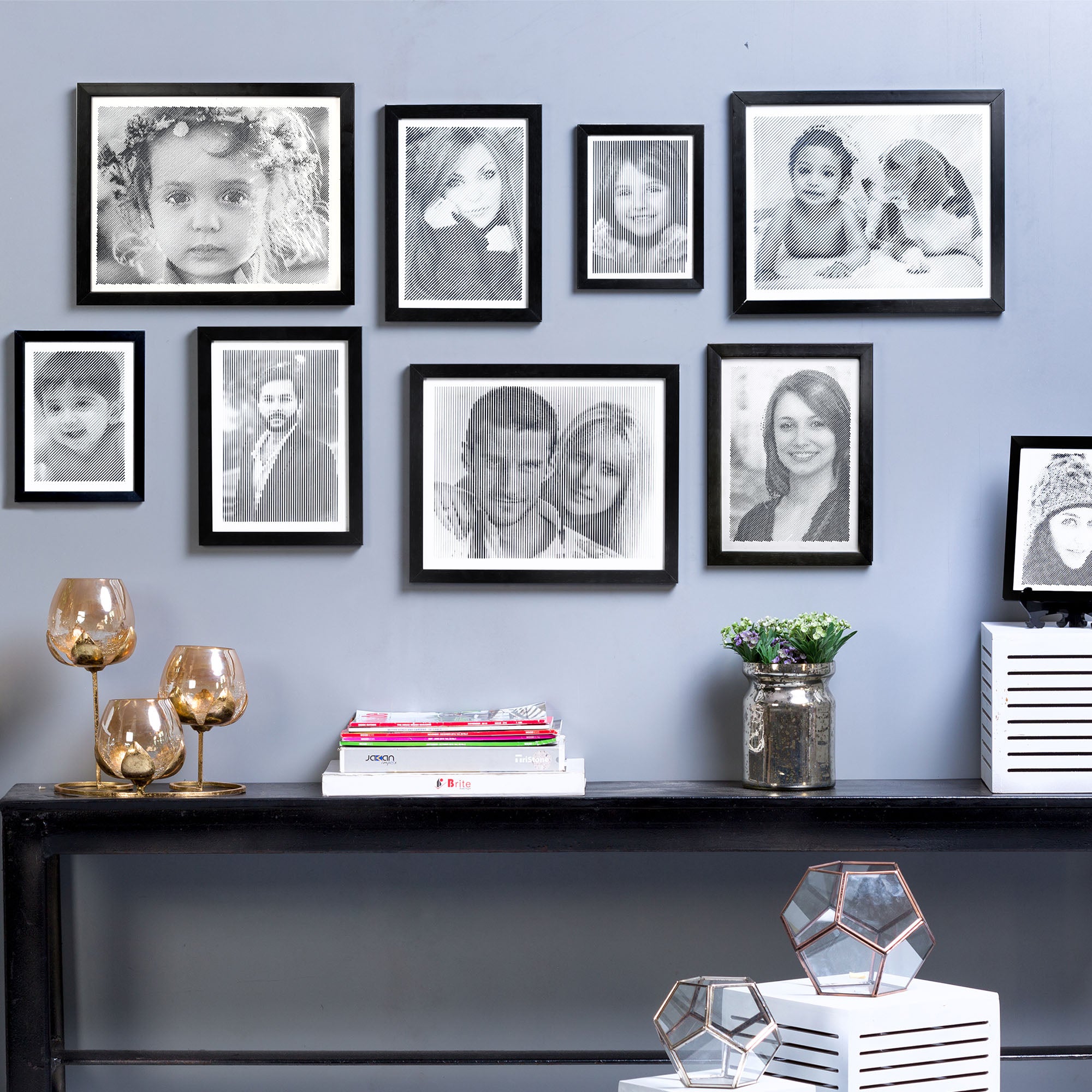 Black & White portrait with vertical line engraving
