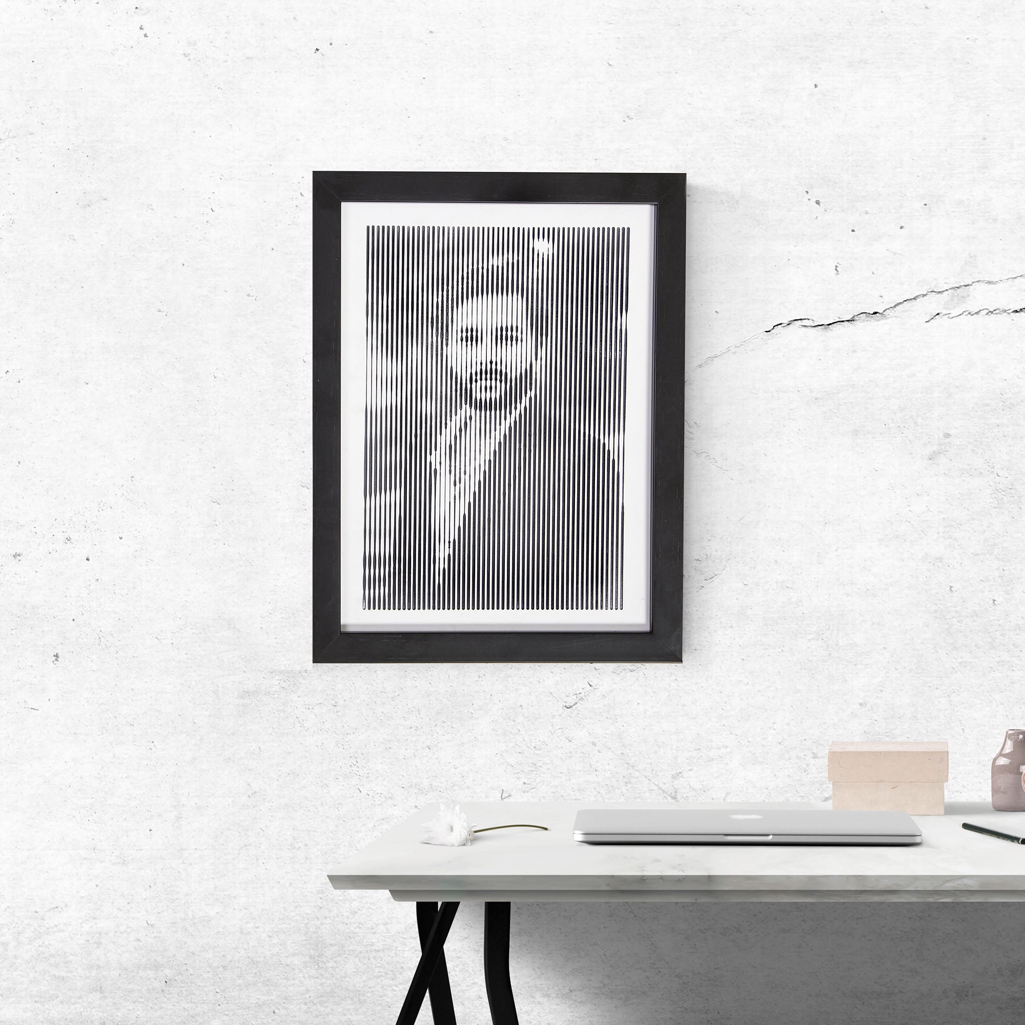 Black & White portrait with vertical line engraving