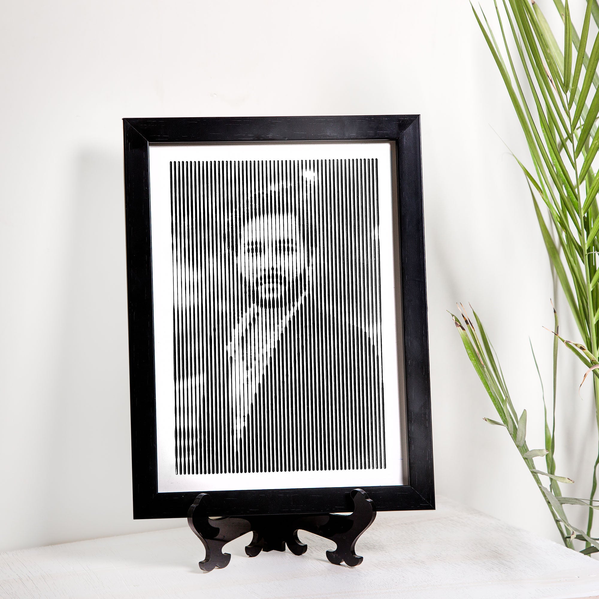 Black & White portrait with vertical line engraving