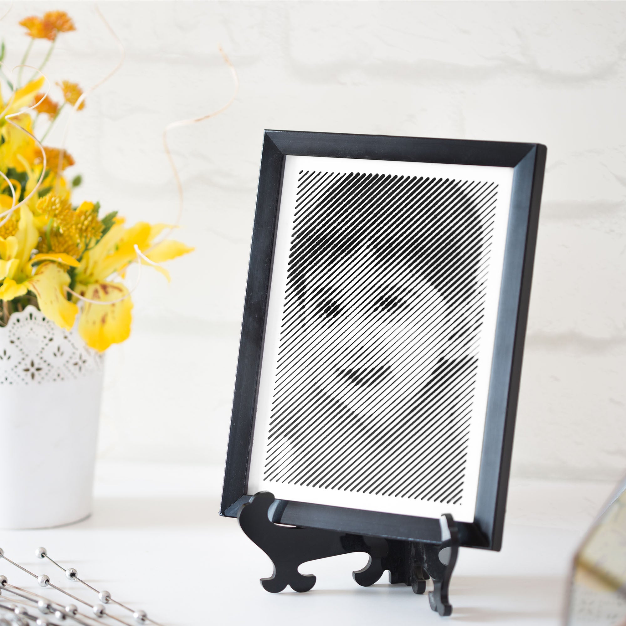 Black & White portrait with diagonal line engraving