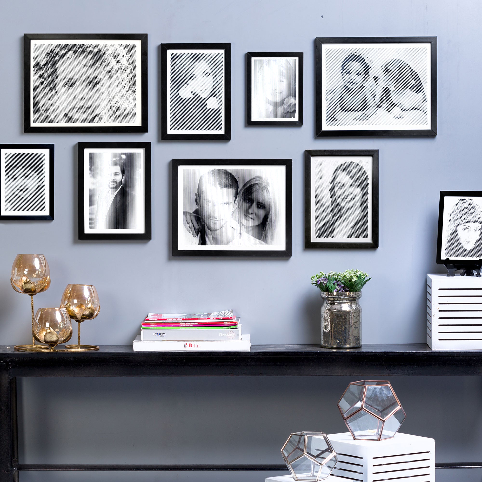 Black & White portrait with diagonal line engraving