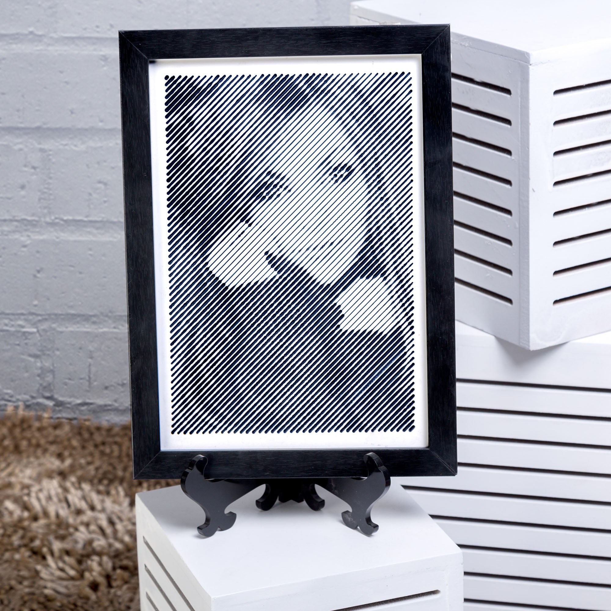Black & White portrait with diagonal line engraving