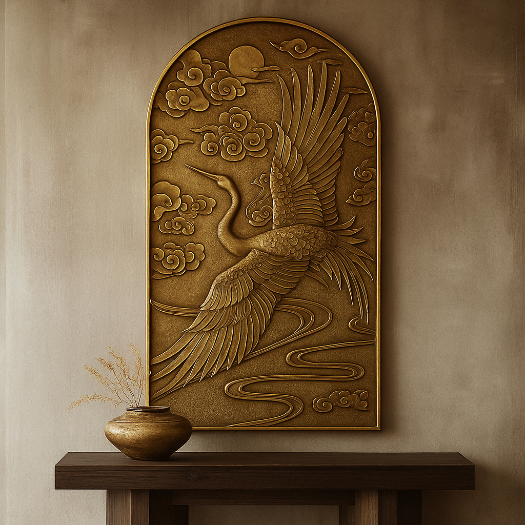 Arched Crane Wall Art in Antique Gold