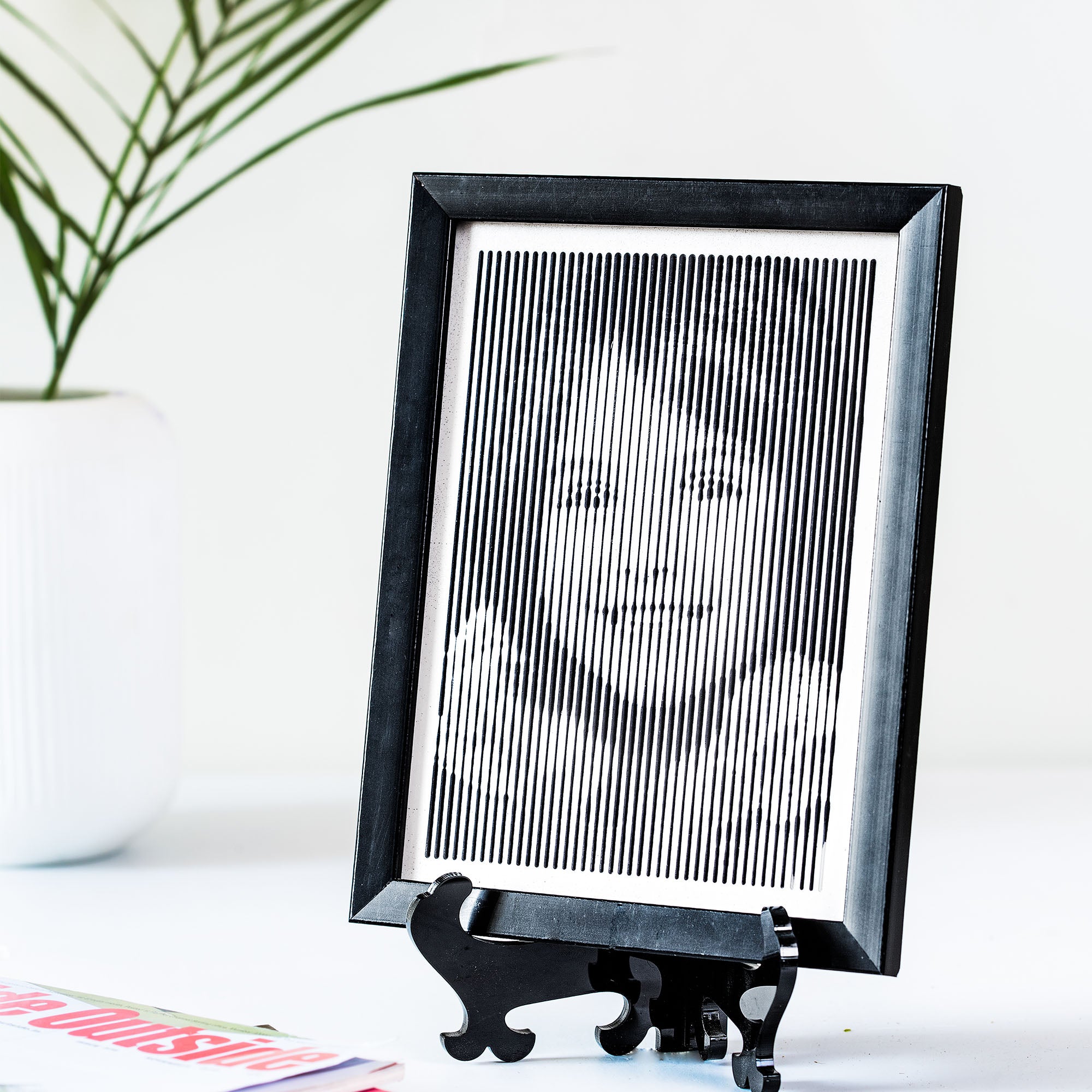 Black & White portrait with vertical line engraving