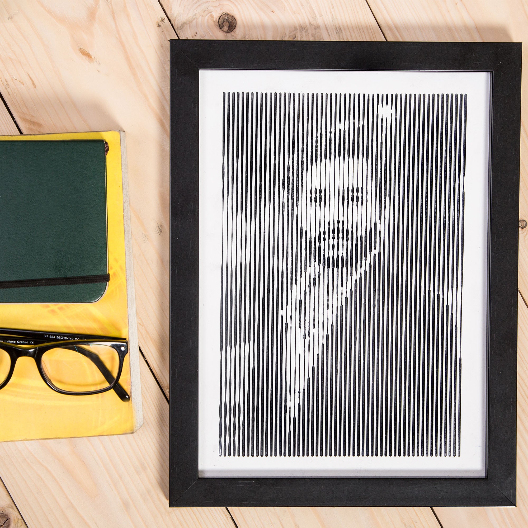 Black & White portrait with vertical line engraving