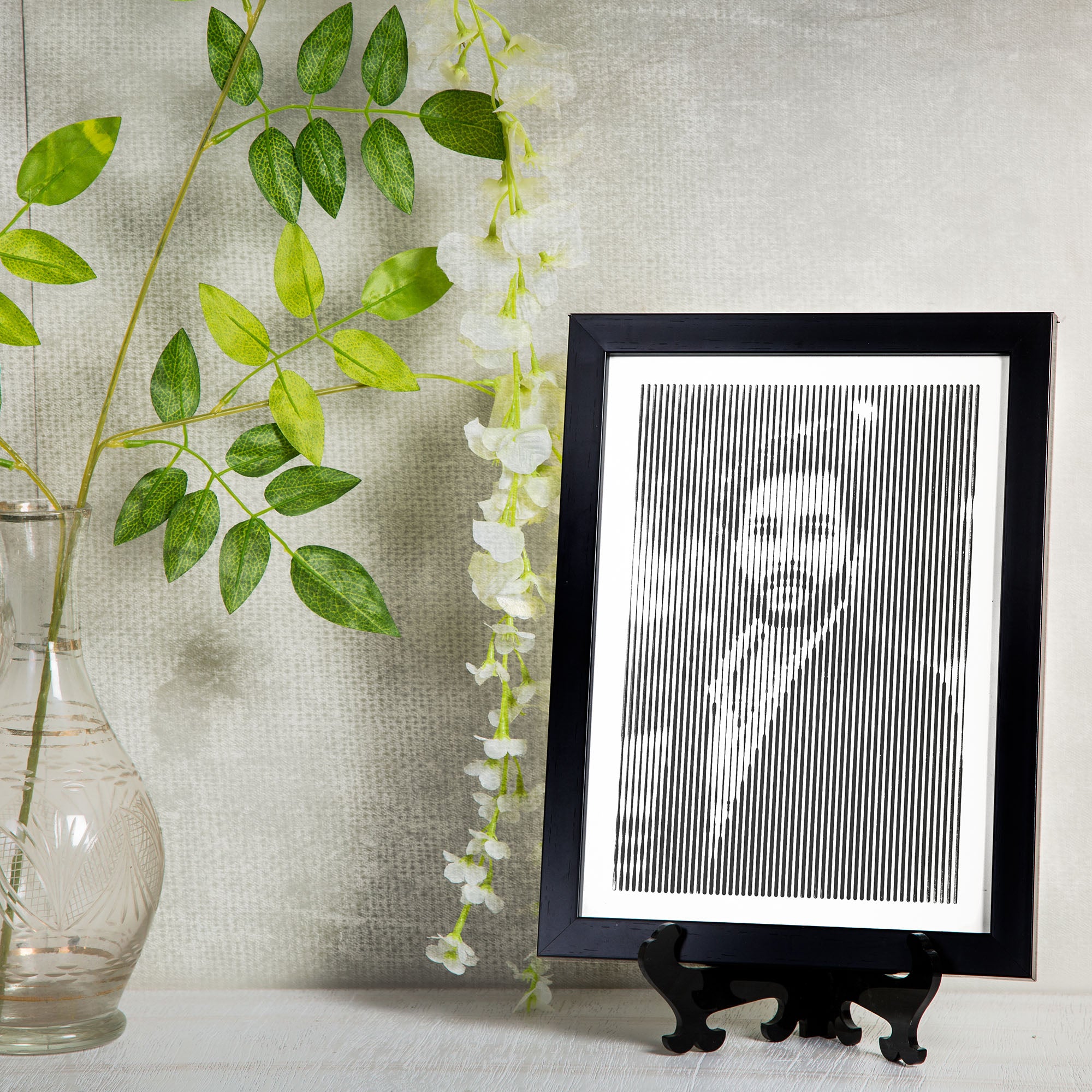 Black & White portrait with vertical line engraving
