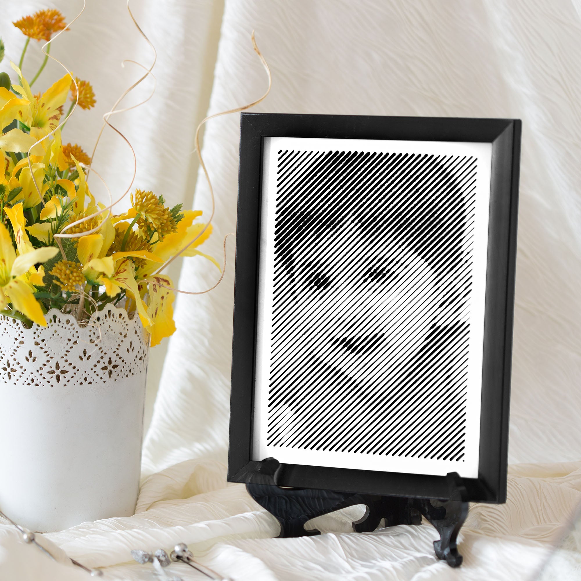 Black & White portrait with diagonal line engraving