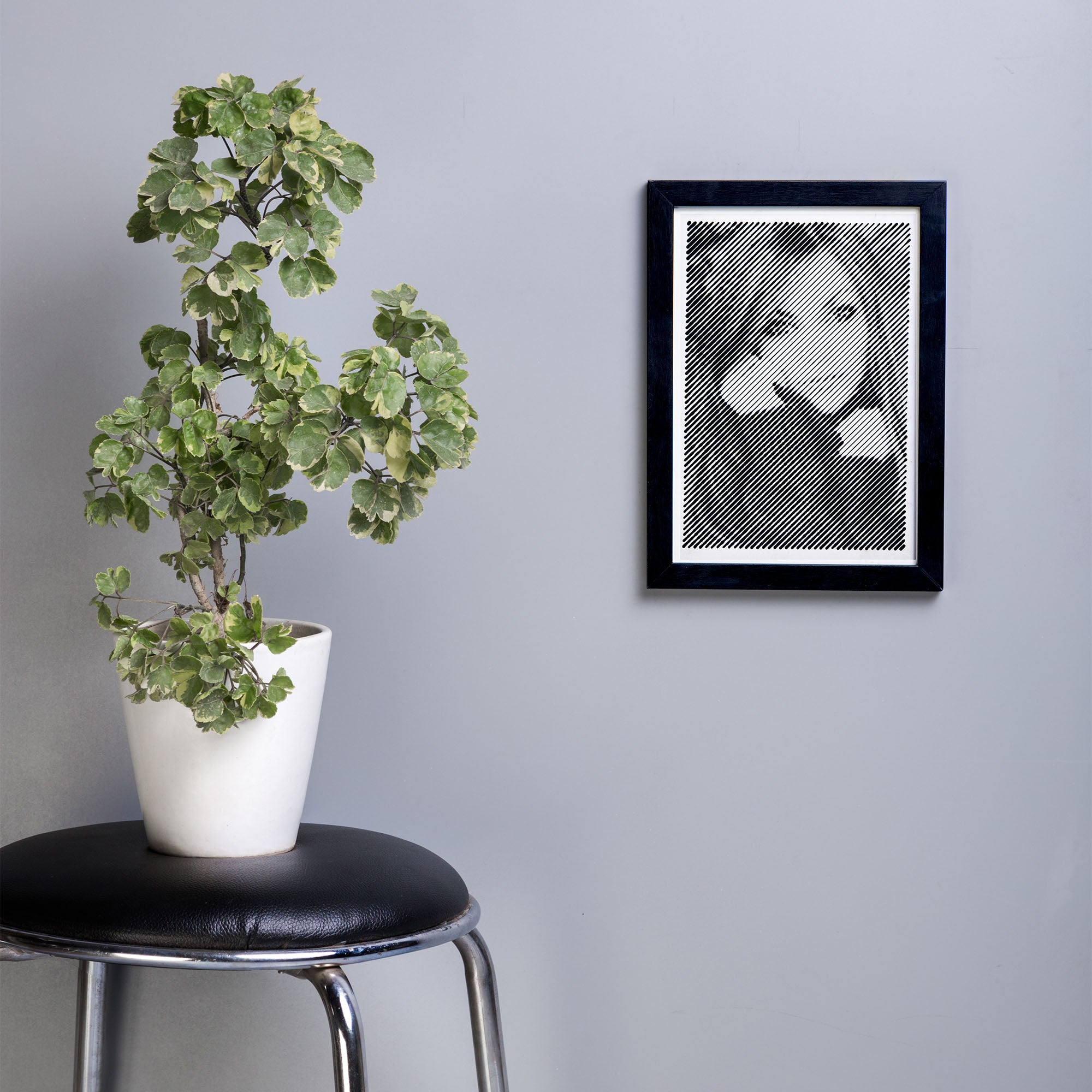 Black & White portrait with diagonal line engraving
