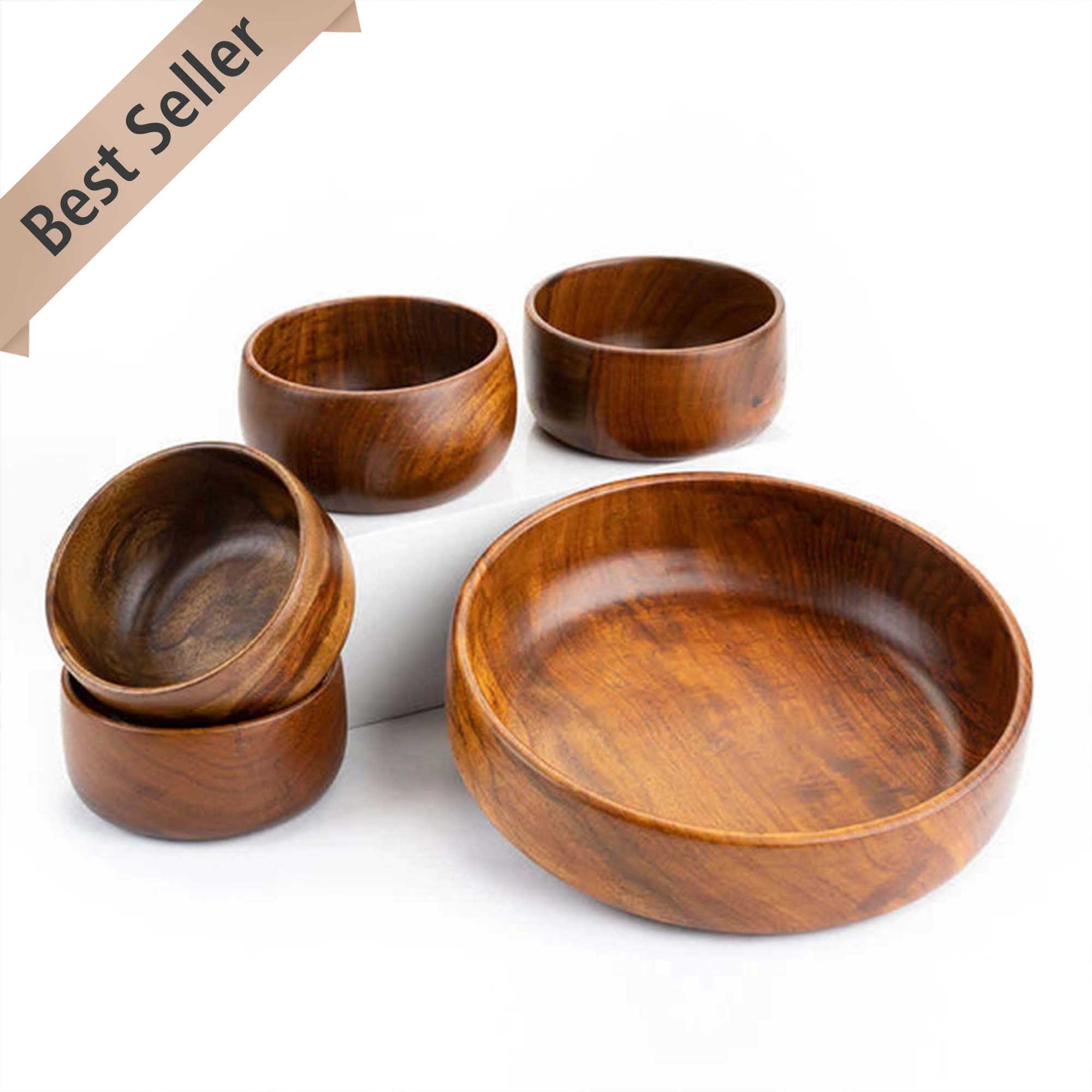 BARO WOODEN BOWLS - SET OF 1 LARGE AND 4 SMALL BOWLS