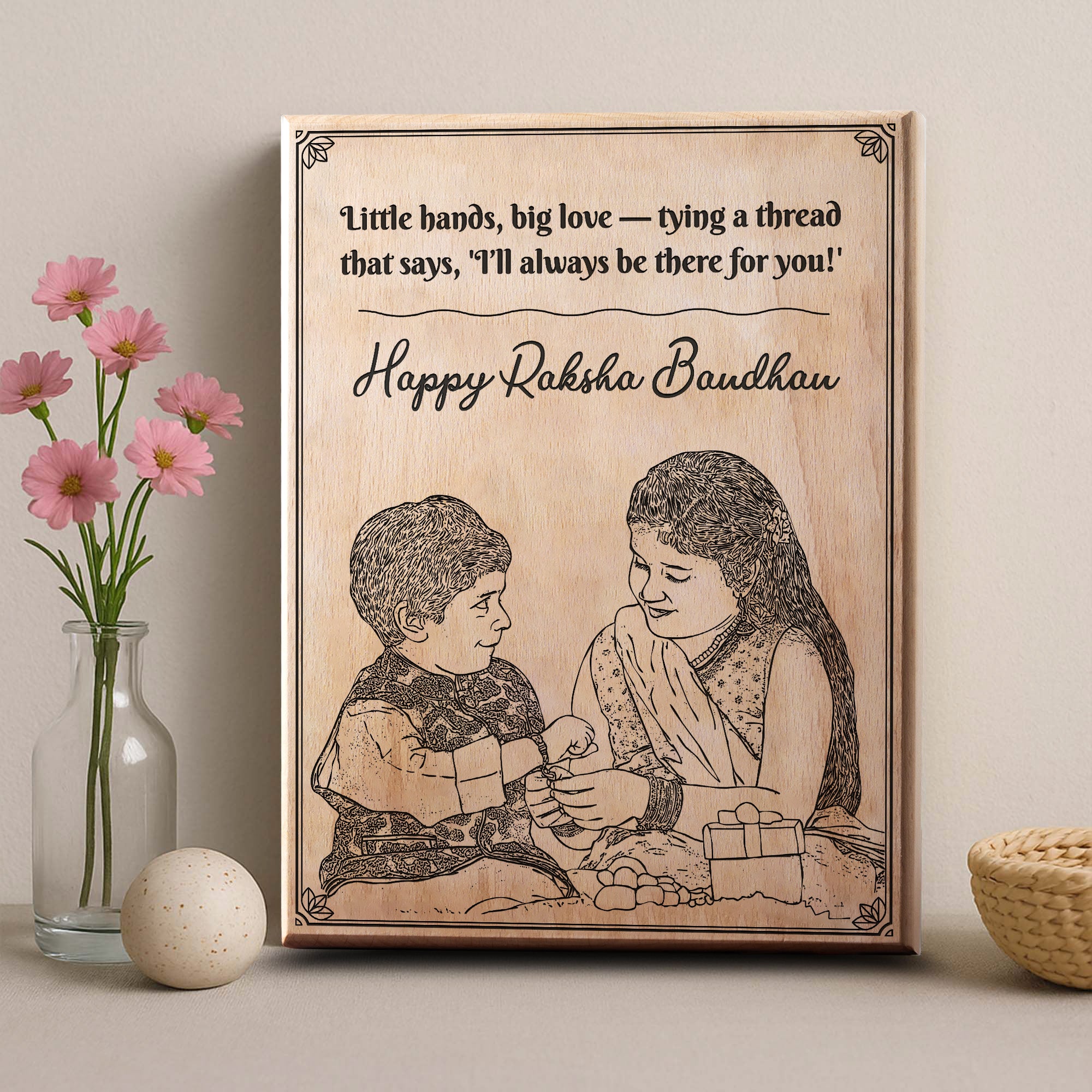 Personalized Raksha Bandhan sibling Gift Portrait – A Timeless Bond in Wood