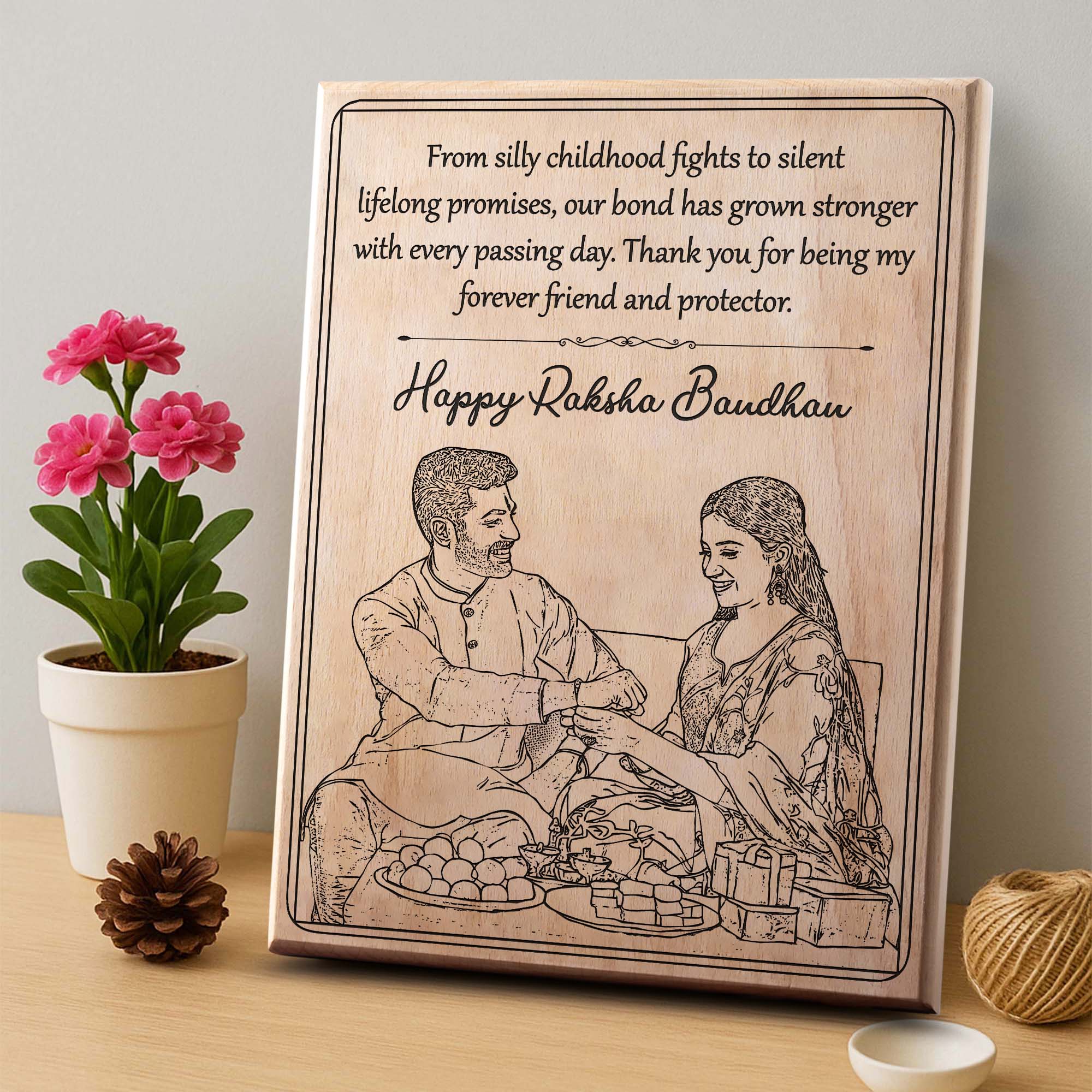 Personalized Raksha Bandhan Sibling Gift Portrait – A Timeless Bond in Wood