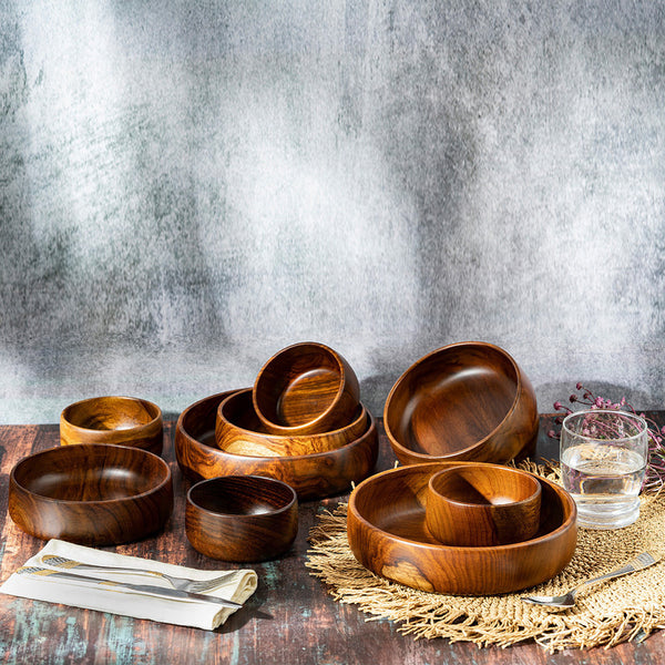 BARO WOODEN BOWLS -SET OF 1 LARGE AND 6 SMALL BOWLS
