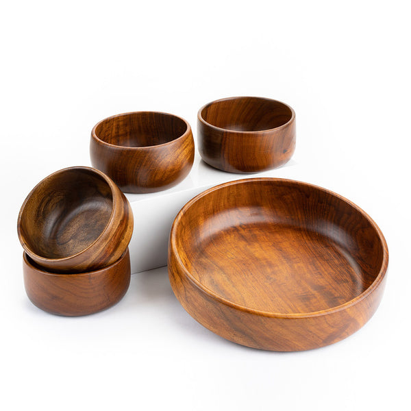 BARO WOODEN BOWLS - SET OF 1 LARGE AND 4 SMALL BOWLS